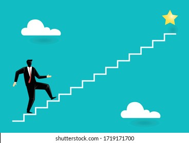 Business concept vector illustration, businessman walking on stairway to get a star