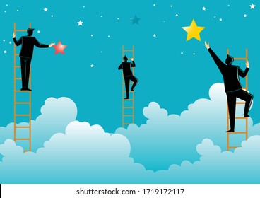 Business concept vector illustration, businessman reach stars with stairs on clouds