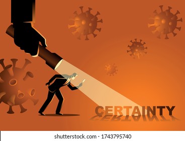 Business concept vector illustration of a businessman looking for certainty during covid-19 pandemic