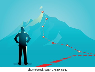 Business concept vector illustration of a businessman looking the red lines which leading to the top of a mountain