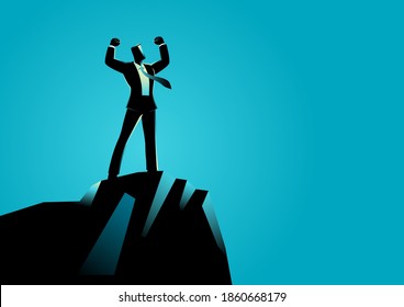 Business concept vector illustration of a businessman standing on top of rock. Spirit, determination concept