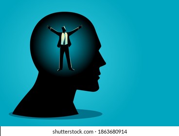 Business concept vector illustration of a businessman in human head opening his arms, freedom, free your mind concept