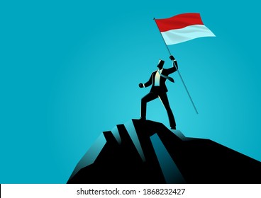 Business concept vector illustration of a businessman holding the flag of Indonesia on top of the mountain