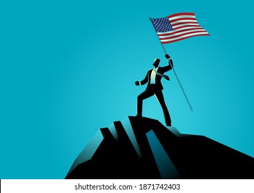 Business concept vector illustration of a businessman holding the flag of USA on top of the mountain