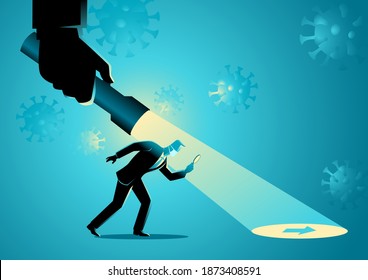 Business concept vector illustration of a businessman being guided by a hand holding a flashlight uncovering arrow sign during pandemic