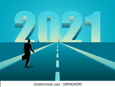 Business concept vector illustration of businessman walking on the road leading forward to the year 2021, hope, fresh and resolutions concept