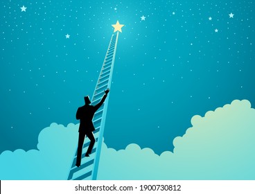 Business concept vector illustration of a businessman climbing a ladder to reach out for the stars