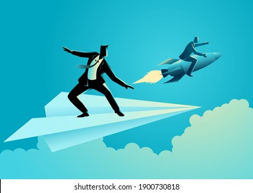 Business concept vector illustration of businessman on paper plane compete with a businessman on a rocket