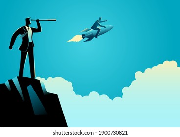 Business concept vector illustration of businessman observing his competitor using telescope