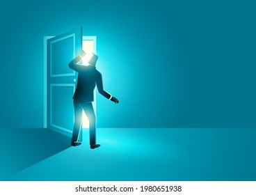 Business concept vector illustration of businessman peeked into a very bright room