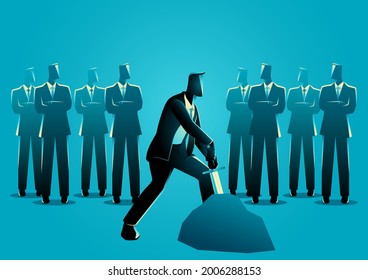 Business concept vector illustration of businessman tries to draw a sword in the stone, concept for worthiness and honesty