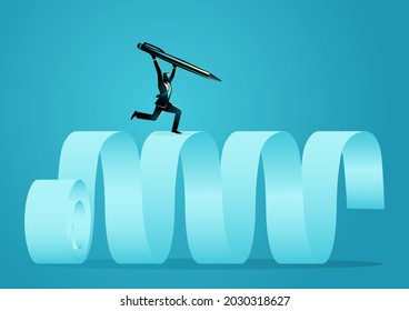 Business concept vector illustration of a businessman running on paper scroll holding a giant pen