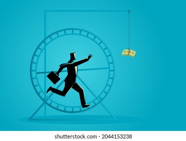 Business concept vector illustration of a businessman running in a hamster wheel chasing for money