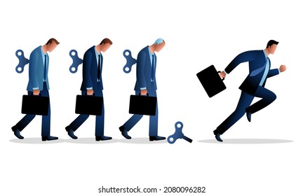 Business concept vector illustration of a businessman running after his winder released. Free will, freedom concept