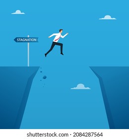 Business concept vector illustration. Businessman jump over from stagnation zone.