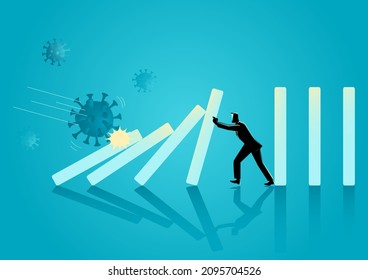 Business concept vector illustration of a businessman trying to stop domino effect caused by pandemic, preventing crisis and bankruptcy in business