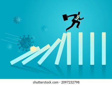 Business concept vector illustration of a businessman running to avoid domino effect caused by pandemic