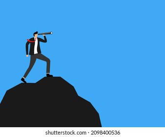 Business concept vector illustration of a businessman using a telescope standing on top of rock. Spirit, determination concept