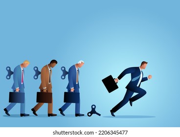 Business concept vector illustration of a businessman running after his winder released. Free will, freedom concept