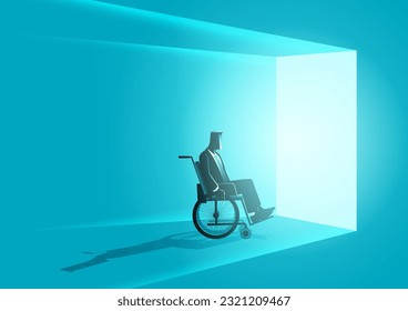 Business concept vector illustration of a businessman in wheelchair moving into bright door, opportunity, affirmation concept