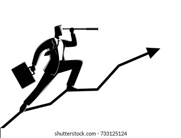 Business Concept Vector Illustration Of A Businessman Using Telescope On Graphic Chart. Concept For Forecast, Observation, Prediction, Success, Planning In Business