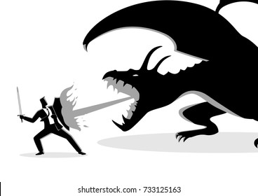 Business concept vector illustration of a businessman fighting a dragon. Risk, courage, leadership in business concept