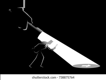 Business concept vector illustration of a businessman being guided by a hand holding a flashlight uncovering arrow sign.