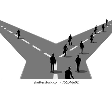 Business concept vector illustration of a businessman choose different way from other businessmen 