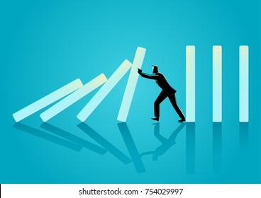 Business concept vector illustration of a businessman trying to stop domino effect