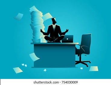 Business concept vector illustration of a businessman doing yoga on office table. Try to relax from overload work