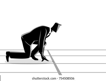 Business concept vector illustration of a businessman ready to sprint on starting line. Starting career, business concept