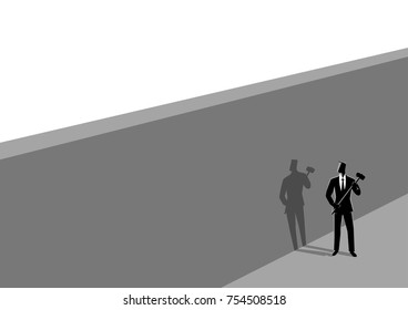 Business concept vector illustration of a businessman standing near wall with a hammer