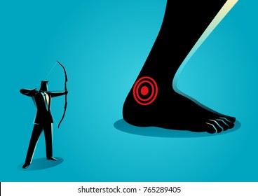 Business concept vector illustration of businessman as an archer aiming giant feet's heel, idiom for Achilles' heel, a weak point or fault in someone or something otherwise perfect or excellent.