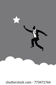 Business concept vector illustration of a businessman jumps to reach out for the star, for aspiration, motivation, determination in business concept