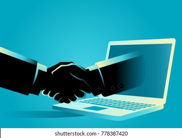 Business concept vector illustration of a businessman shake hands with a hand comes out from a lap top computer