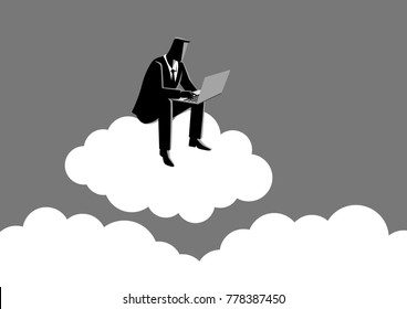 Business concept vector illustration of a businessman sits on cloud working with laptop computer
