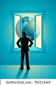 Business concept vector illustration of businessman looking through window with world view