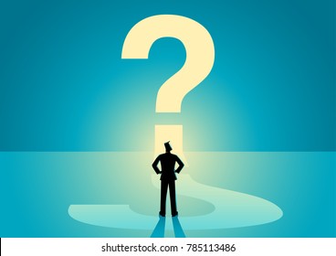 Business concept vector illustration of a businessman looking at big question mark