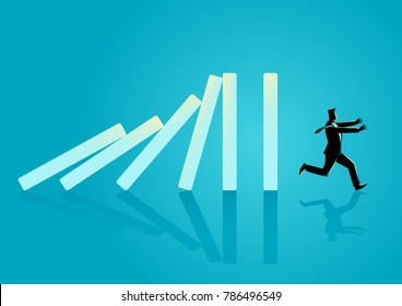 Business concept vector illustration of a businessman running away from domino effect