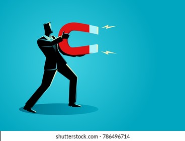 Business concept vector illustration of a businessman holding a large magnet