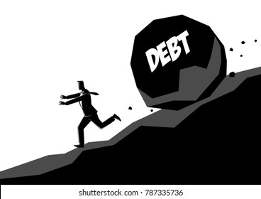 Business concept vector illustration of a businessman running away from large stone with message debt that is rolling down to him