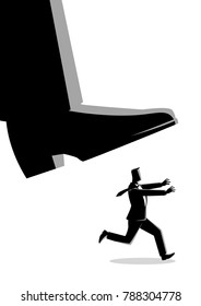 Business concept vector illustration of a businessman runs from giant foot