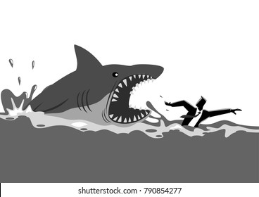 Business concept vector illustration of a businessman swimming panic avoiding shark attacks