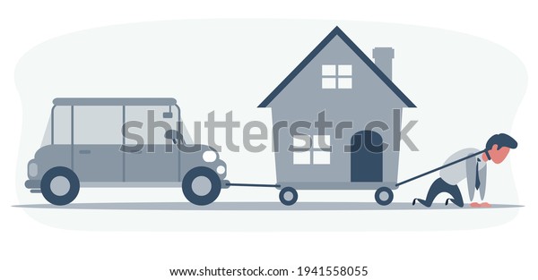 Business concept vector illustration of a
businessman on knees dragging a house and a convertible car.
Financial problem, burden, pressure, debt, installment concept.
Vector flat design
illustration.