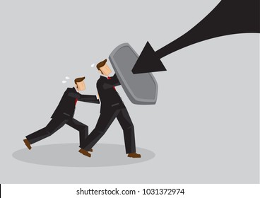 Business concept vector illustration of a businessmen holding a shield and protect themselves from danger. Concept of protecting from the danger of financial world.