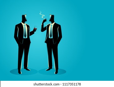 Business concept vector illustration of businessmen casually talking with each other, lobbying concept