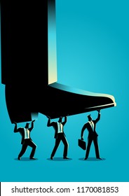 Business concept vector illustration of businessmen trying to lift up giant foot
