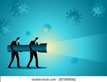 Business concept vector illustration of businessmen holding a giant flashlight during pandemic