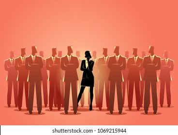 Business concept vector illustration of a businesswoman standing among businessmen. Living in a man's world concept