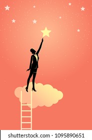 Business concept vector illustration of a businesswoman reach out for the star